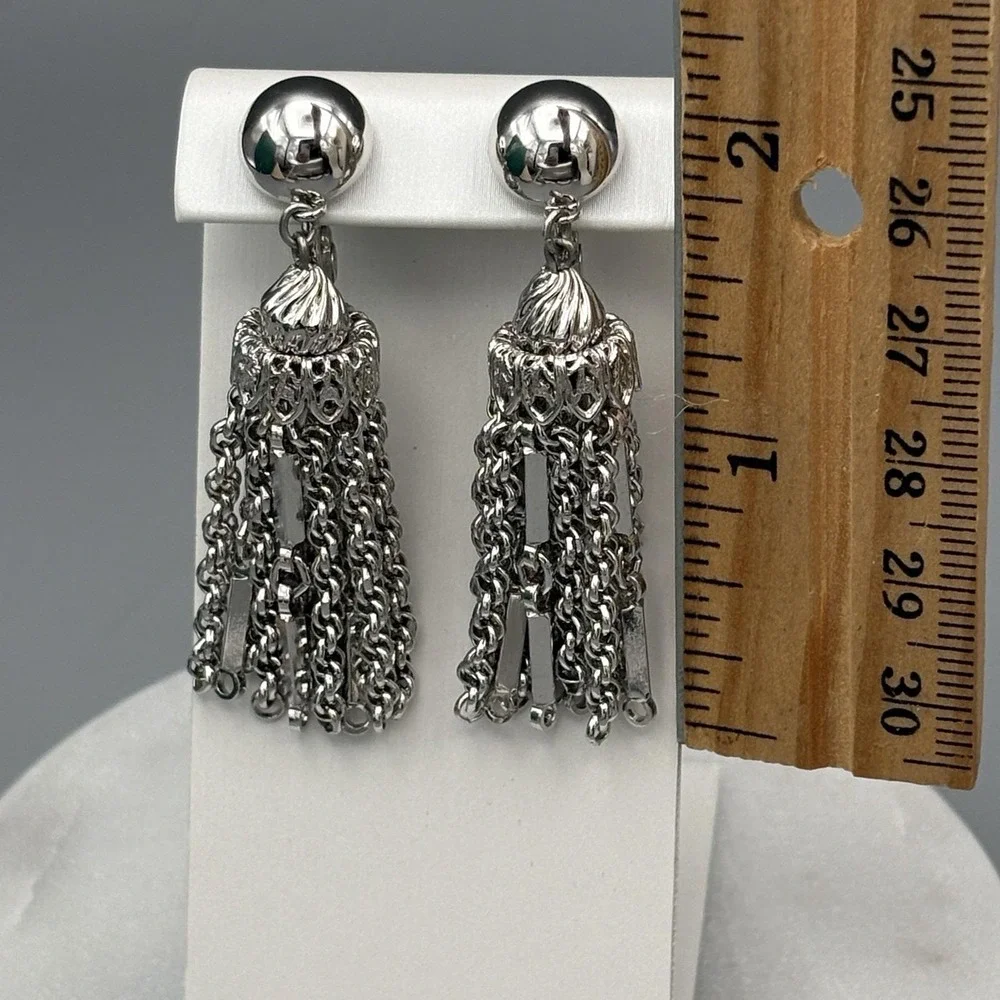 Monet Clip On Earrings Damita Silver Tone Tassel Vintage Filigree Drop 2 Inch